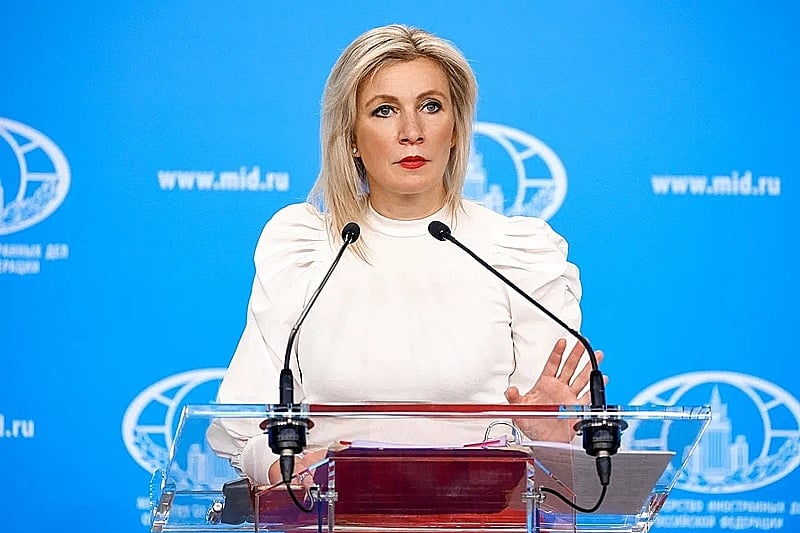 A porta-voz oficial do Ministério das Relações Exteriores da Rússia, Maria Zakharova, durante uma coletiva de imprensa.
